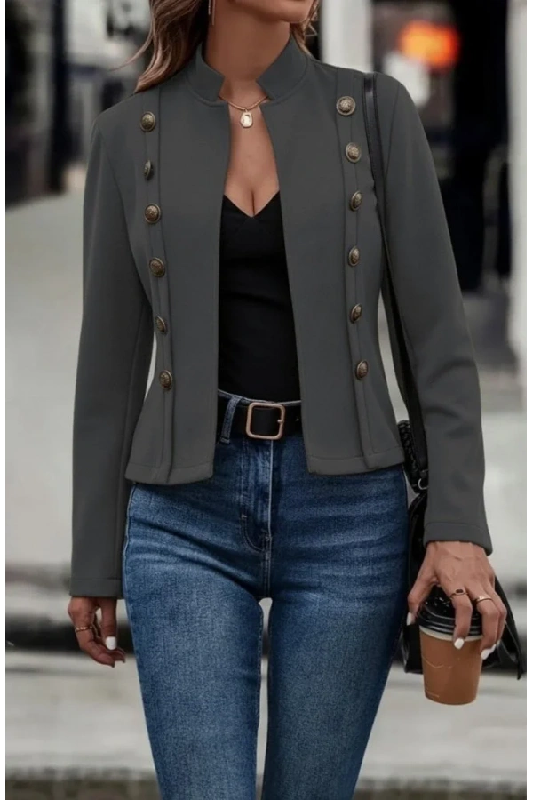 Kadın Uzun Kollu Hakim Yaka Yanlardan Düğmeli Kısa Süet Ceket