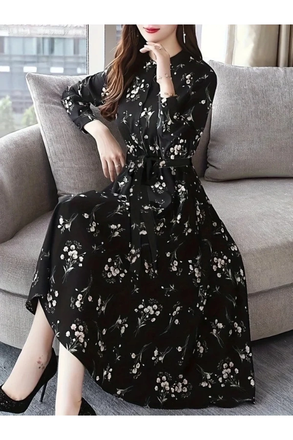 Kadın Uzun Kollu Hakim Yakalı Düğmeli Kuşaklı Desenli Maxi Mikro Süprem Elbise