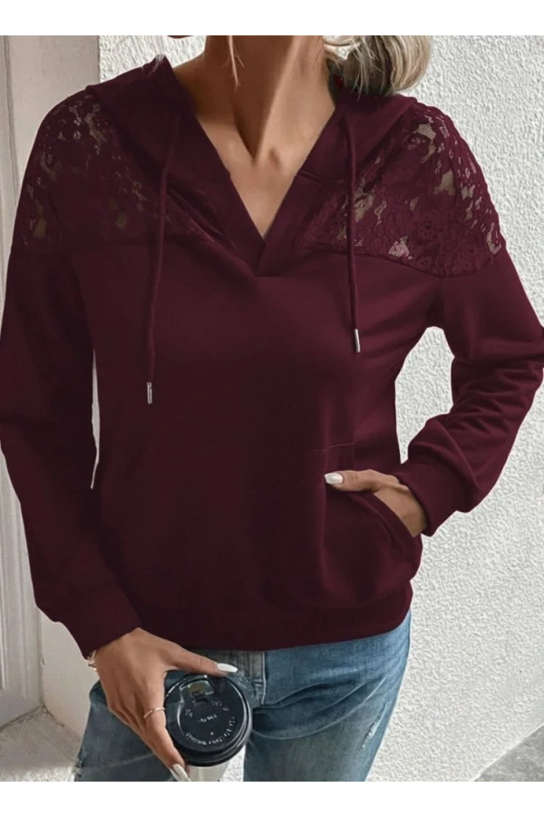 Kadın Uzun Kollu Kapşonlu Bağcıklı Dantelli Viskon Iki Iplik Bluz