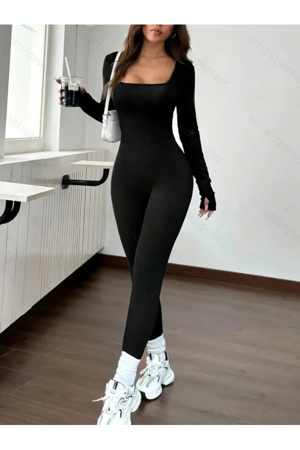 Kadın Uzun Kollu Kare Yakalı Fermuarlı Parmaktan Geçmeli Dalgıç Tulum