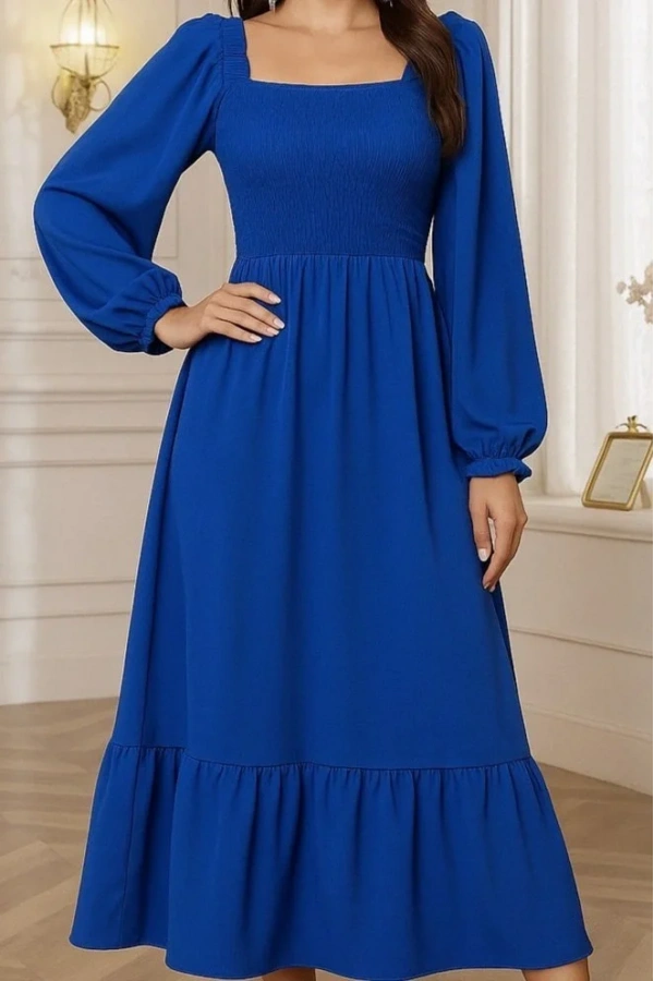 Kadın Uzun Kollu Kare Yakalı Gipeli Uzun Trikoton Elbise