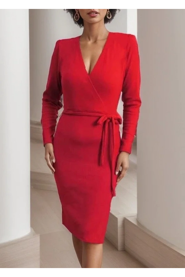 Kadın Uzun Kollu Kruvaze Yaka Bağcık Detay Akrilik Mini Boy Elbise