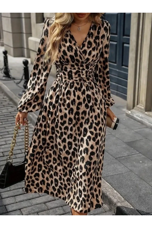 Kadın Uzun Kollu Kruvaze Yaka Belden Oturtmalı Midi Modal Leopar Desenli Elbise