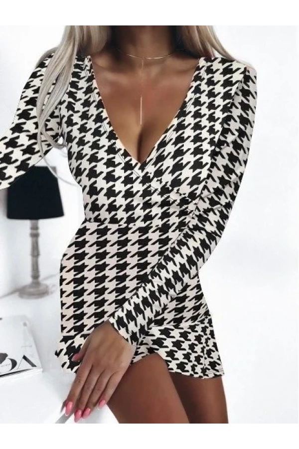 Kadın Uzun Kollu Kruvaze Yaka Kazayağı Mikro Mini Boy Elbise