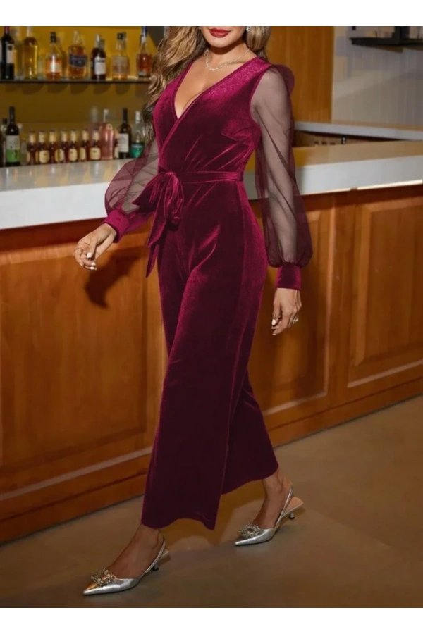 Kadın Uzun Kollu Kruvaze Yakalı Belden Kuşaklı Tül Detaylı Kadife Tulum