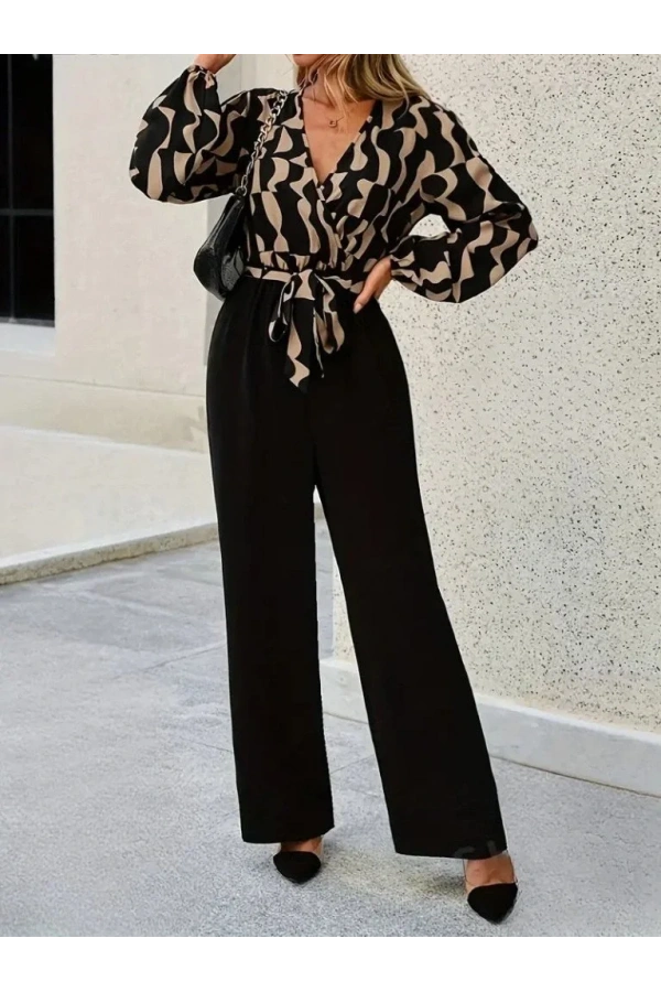 Kadın Uzun Kollu Kruvaze Yakalı Belden Kuşaklı üst Dalgıç Alt Ithal Krep Tulum