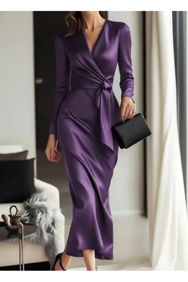 Kadın Uzun Kollu Kruvaze Yakalı Beli Kuşaklı Uzun Saten Elbise