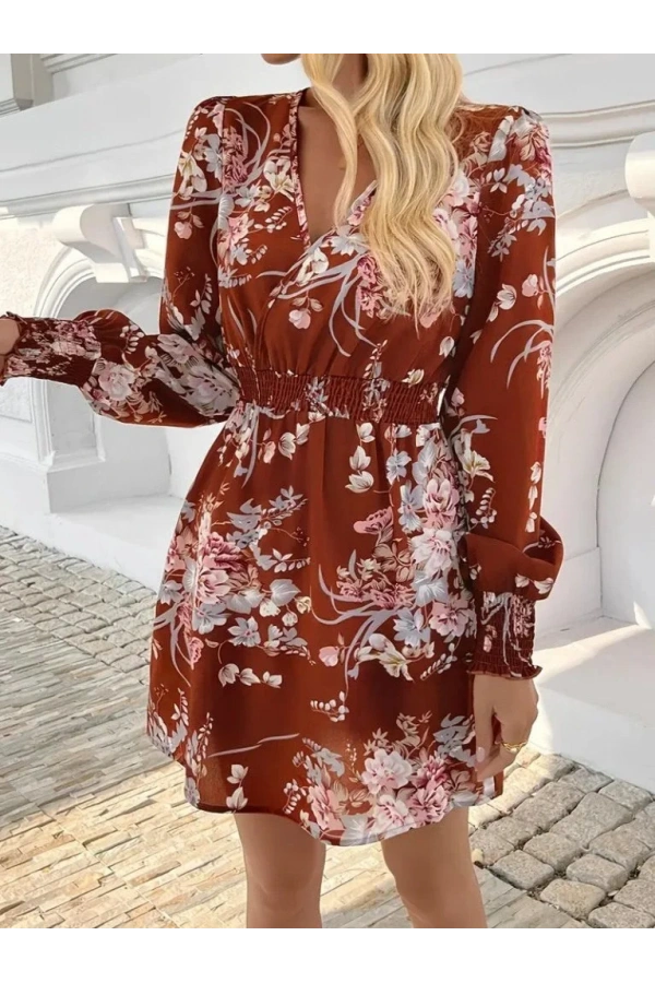 Kadın Uzun Kollu Kruvaze Yakalı çiçek Desenli Mini Süprem Elbise