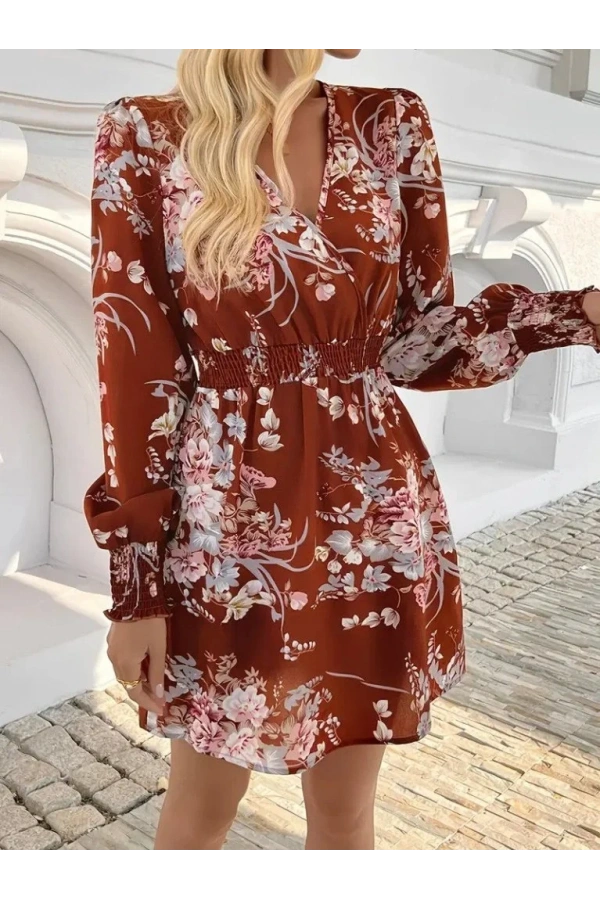 Kadın Uzun Kollu Kruvaze Yakalı çiçek Desenli Mini Süprem Elbise