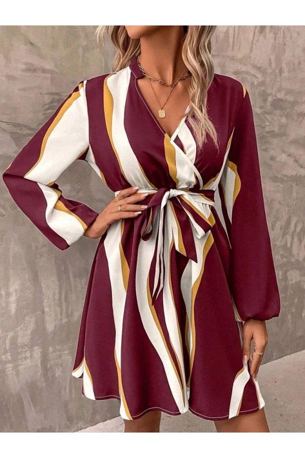 Kadın Uzun Kollu Kruvaze Yakalı Desenli Modal Mini Elbise