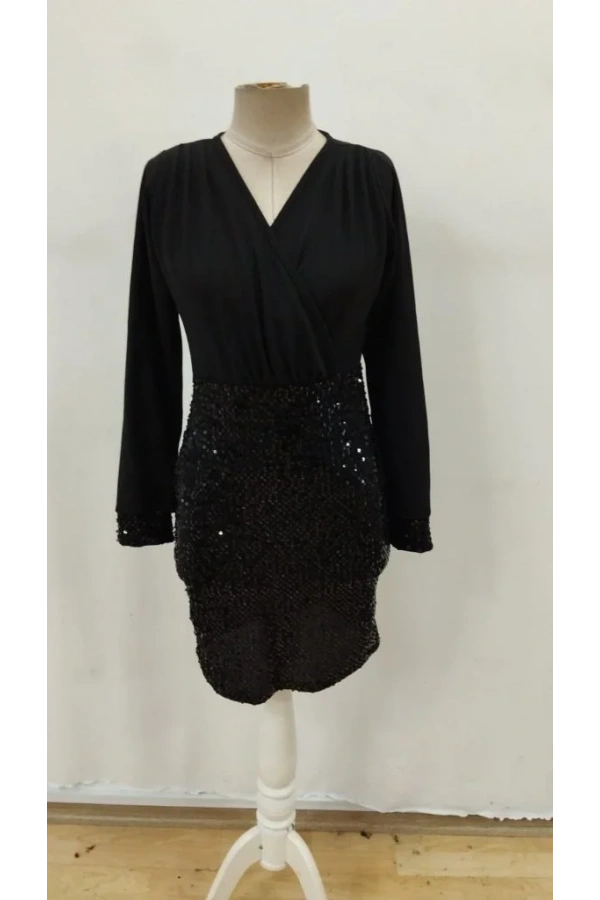 Kadın Uzun Kollu Kruvaze Yakalı üst Ithal Krep Alt Pulpayetli Mini Ithal Krep Elbise