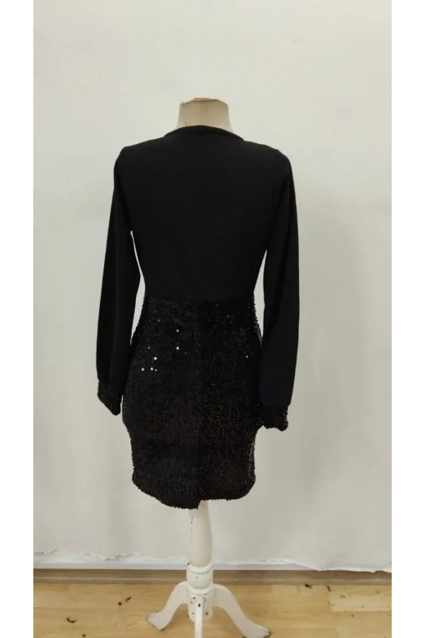 Kadın Uzun Kollu Kruvaze Yakalı üst Ithal Krep Alt Pulpayetli Mini Ithal Krep Elbise