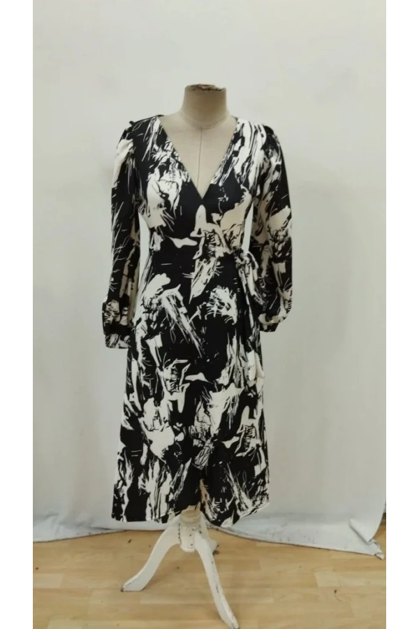 Kadın Uzun Kollu Kruvaze Yakalı Yandan Bağlamalı Desenli Mini Modal Elbise