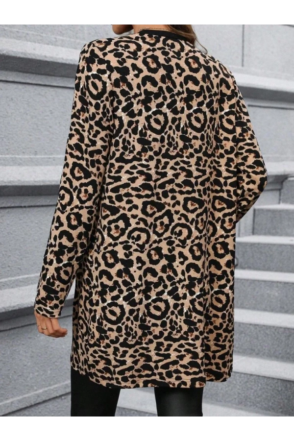 Kadın Uzun Kollu önü Açık Leopar Desenli Modal Ceket