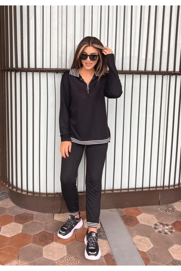 Kadın Uzun Kollu Ribana Ve Fermuar Detay Bluz Ve Yüksel Bel Pantolon 2li Takım