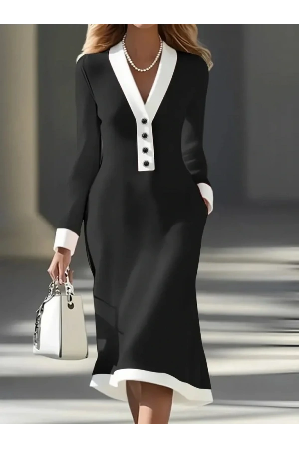 Kadın Uzun Kollu V Yakalı Düğmeli Midi Modal Elbise