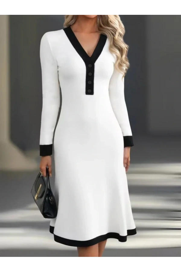 Kadın Uzun Kollu V Yakalı Düğmeli Midi Modal Elbise