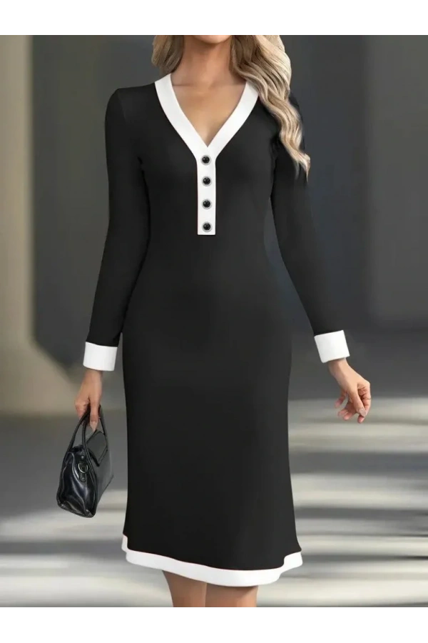 Kadın Uzun Kollu V Yakalı Düğmeli Midi Modal Elbise