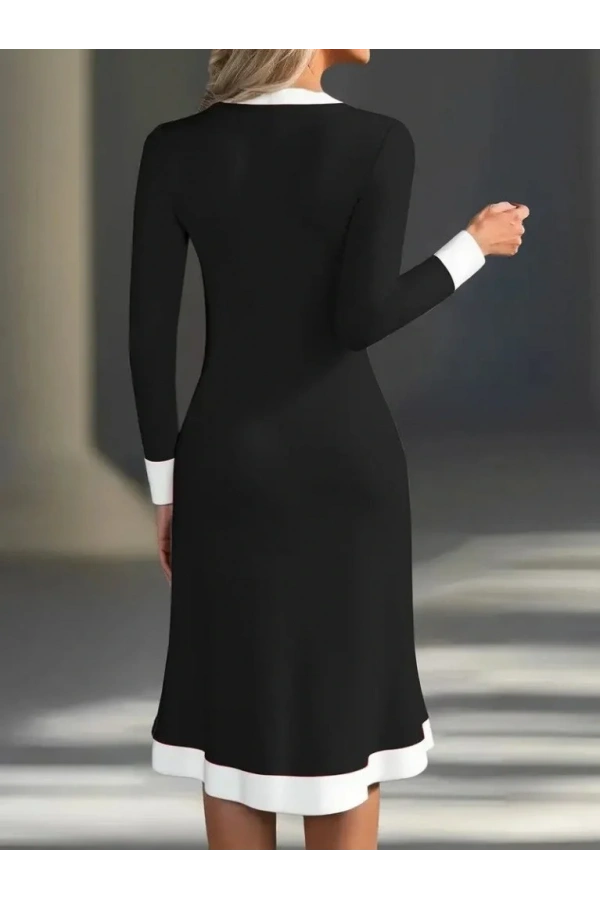 Kadın Uzun Kollu V Yakalı Düğmeli Midi Modal Elbise