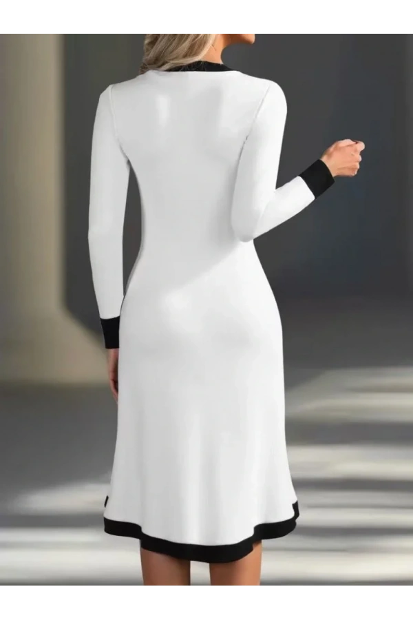 Kadın Uzun Kollu V Yakalı Düğmeli Midi Modal Elbise