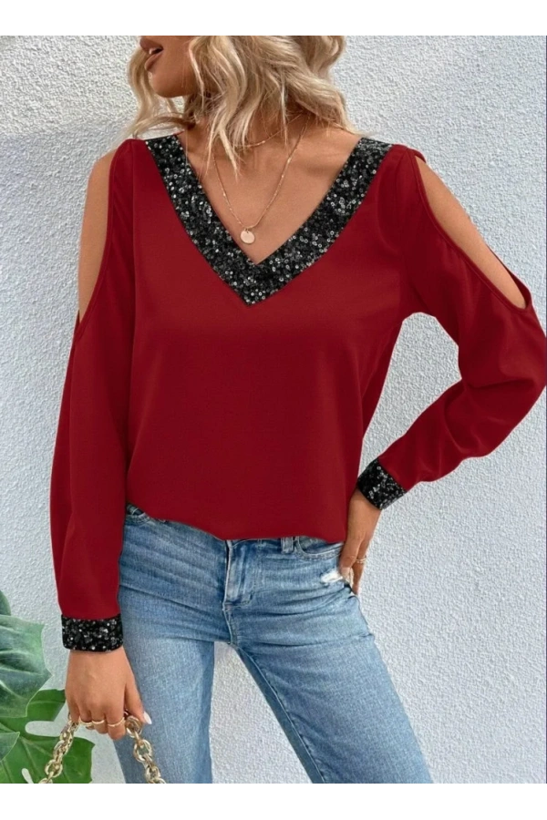 Kadın Uzun Kollu V Yakalı Omuzlardan Açık Sandy Bluz