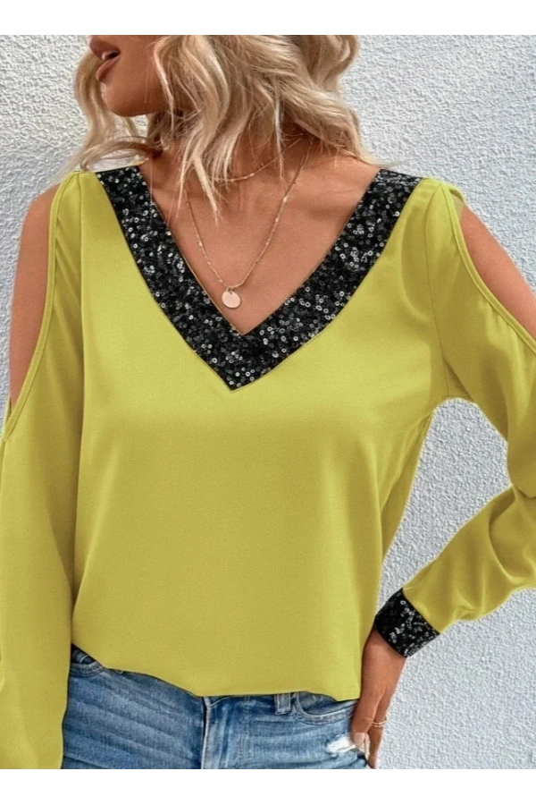 Kadın Uzun Kollu V Yakalı Omuzlardan Açık Sandy Bluz