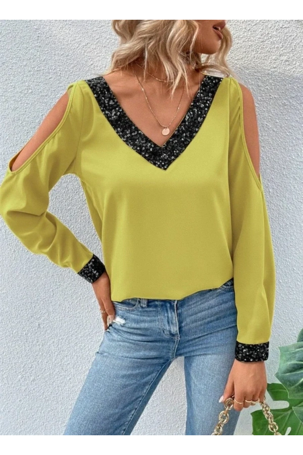 Kadın Uzun Kollu V Yakalı Omuzlardan Açık Sandy Bluz