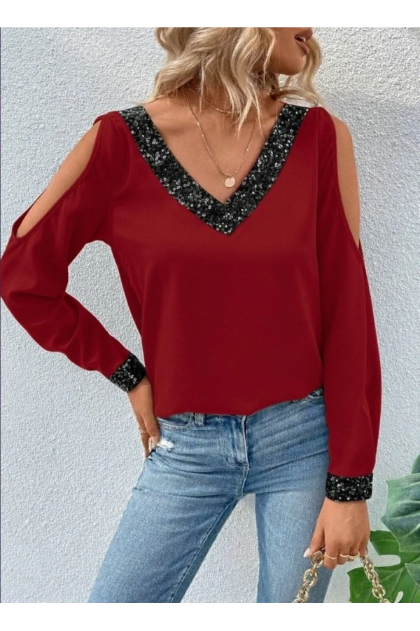 Kadın Uzun Kollu V Yakalı Omuzlardan Açık Sandy Bluz