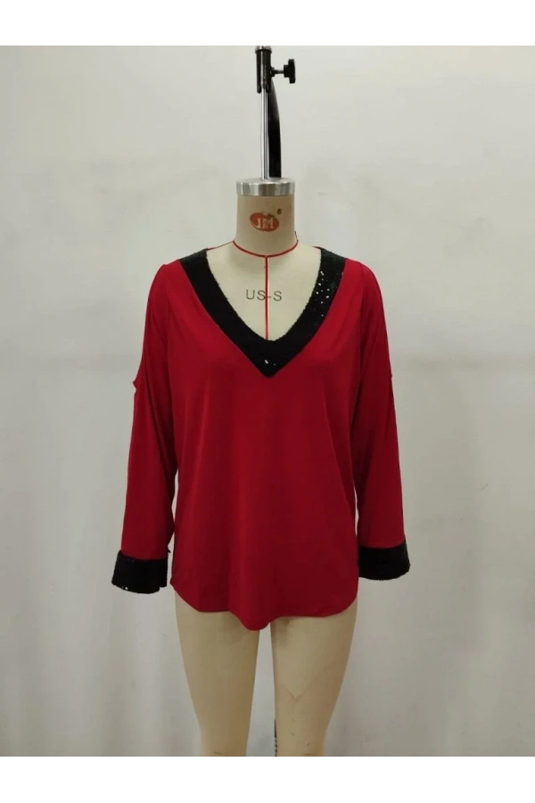 Kadın Uzun Kollu V Yakalı Omuzlardan Açık Sandy Bluz