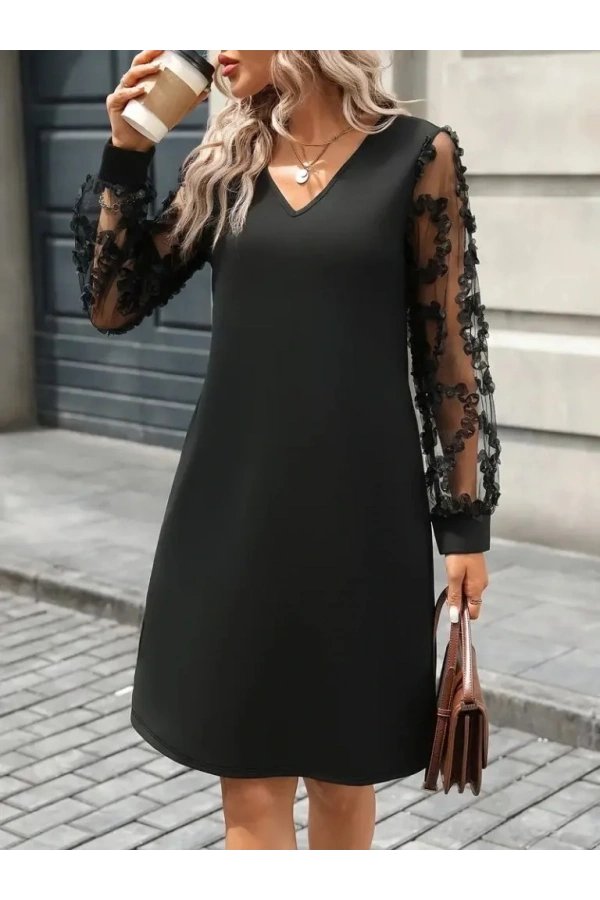 Kadın Uzun Kollu V Yakalı Tüllü Kısa Ithal Krep Mini Elbise