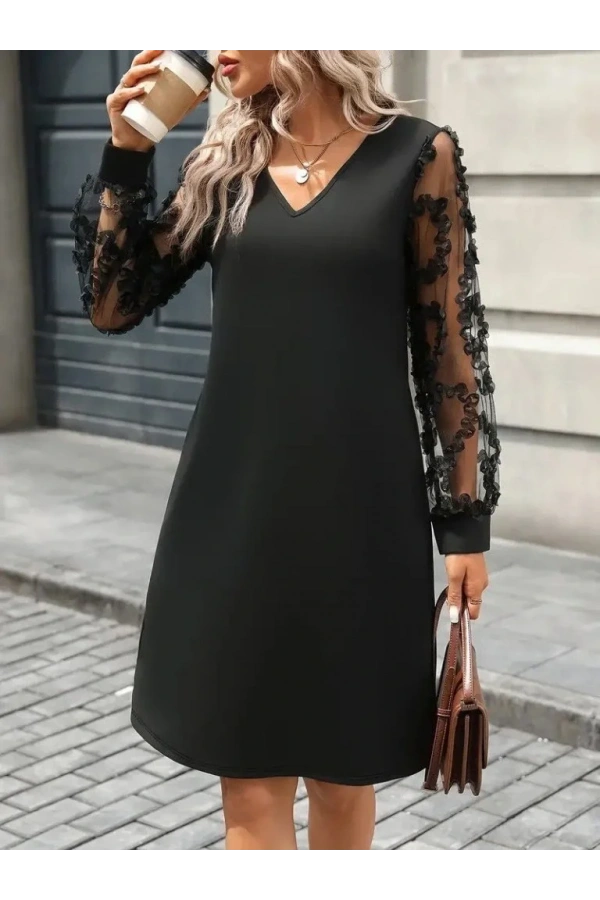 Kadın Uzun Kollu V Yakalı Tüllü Kısa Ithal Krep Mini Elbise