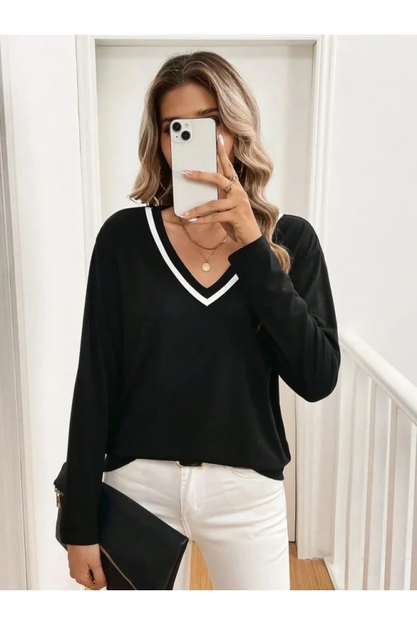Kadın Uzun Kollu V Yakalı Viskon Iki Iplik Bluz