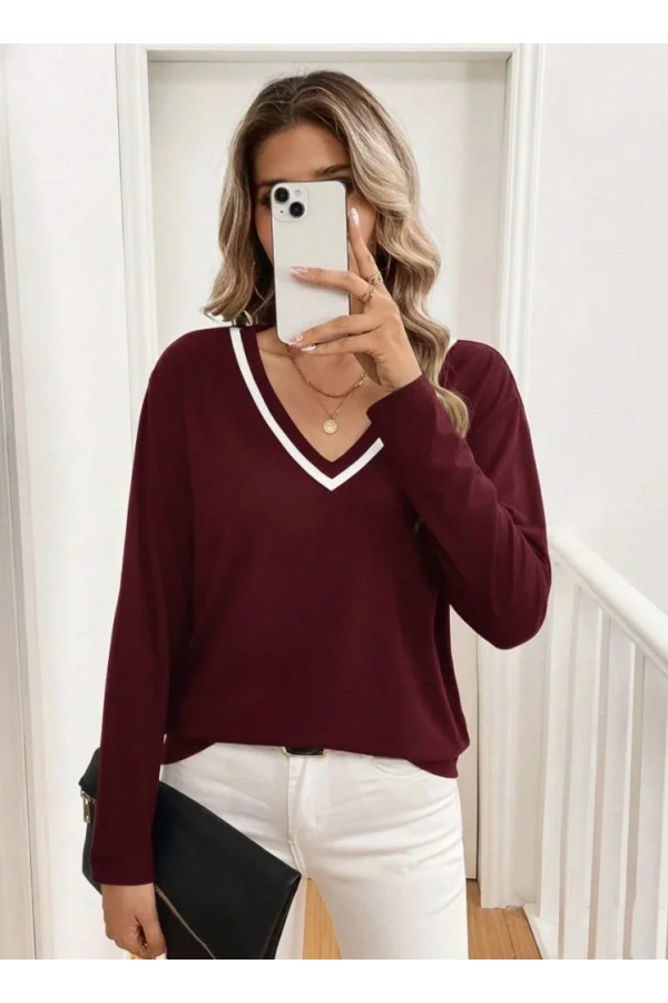 Kadın Uzun Kollu V Yakalı Viskon Iki Iplik Bluz