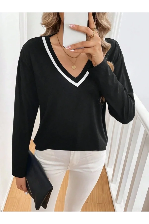 Kadın Uzun Kollu V Yakalı Viskon Iki Iplik Bluz