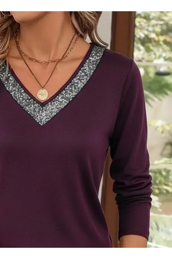 Kadın Uzun Kollu V Yakalı Viskon Mürdüm Bluz