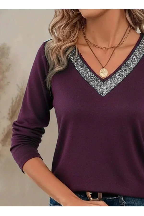 Kadın Uzun Kollu V Yakalı Viskon Mürdüm Bluz