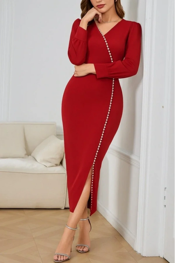 Kadın Uzun Kollu V Yakalı Yırtmaçlı Taşlı Uzun Ithal Krep Elbise