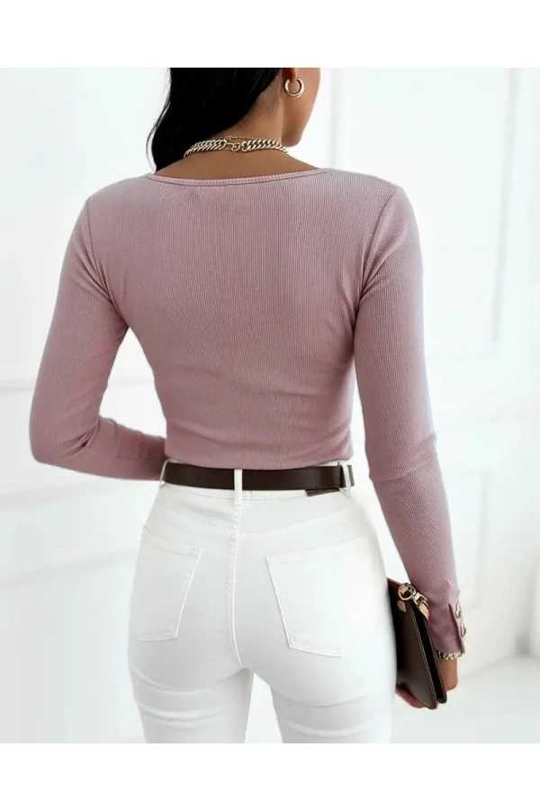 Kadın Uzun Kollu Yakadan Açık Ve Düğme Detaylı Kaşkorse Bluz