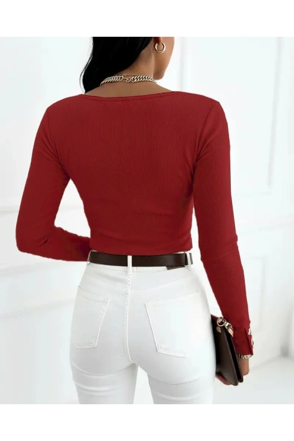 Kadın Uzun Kollu Yakadan Açık Ve Düğme Detaylı Kaşkorse Bluz