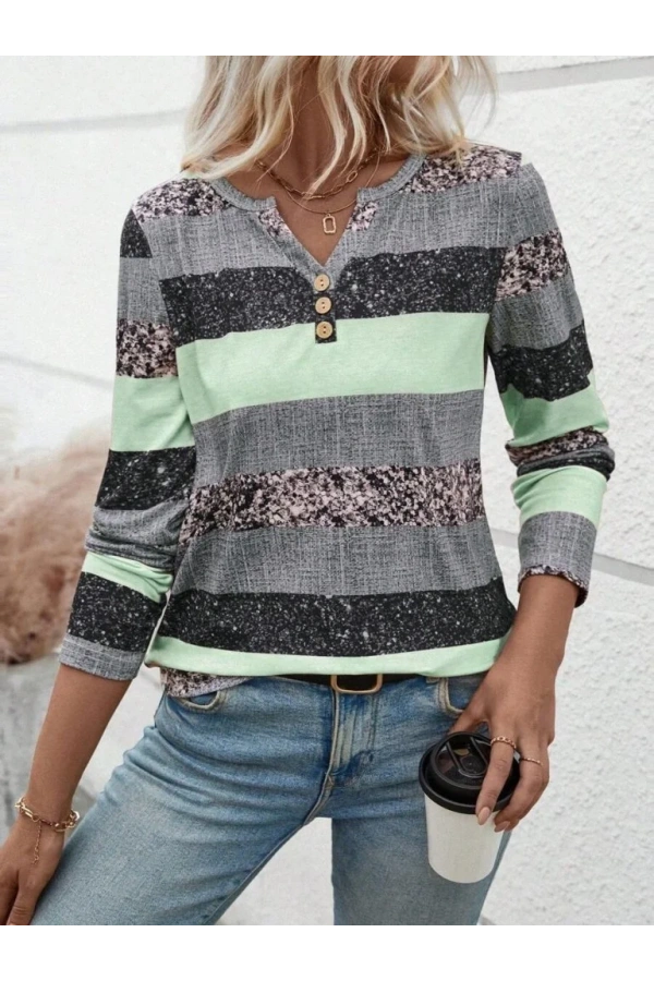 Kadın Uzun Kollu Yakadan Düğmeli çizgili Desenli Süprem Bluz