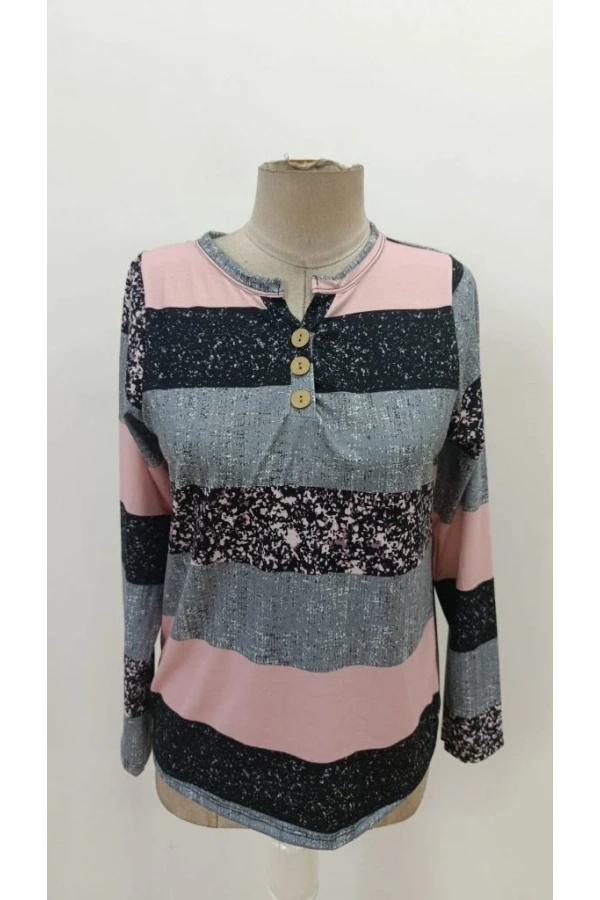 Kadın Uzun Kollu Yakadan Düğmeli çizgili Desenli Süprem Bluz