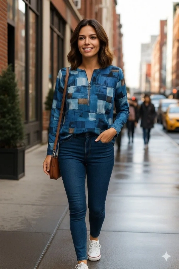 Kadın Uzun Kollu Yakadan Fermuarlı Kot Görünüm Desenli Uzun Modal Bluz