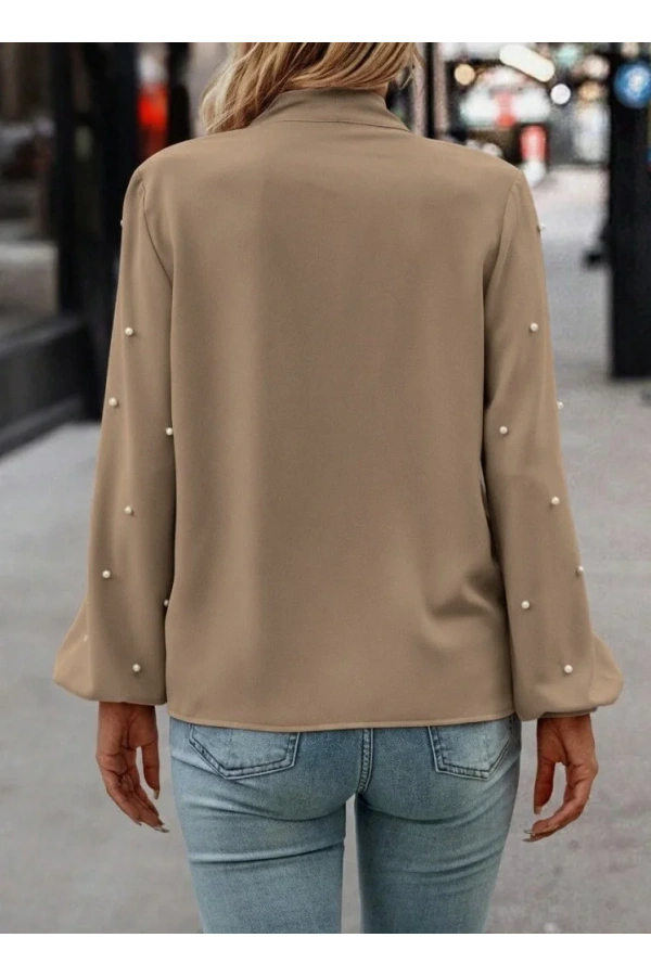 Kadın Uzun Kollu Yakadan Fiyonklu Incili Ithal Krep Bluz