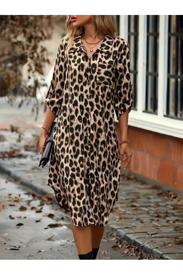 Kadın Uzun Kollu Yakalı önden Düğmeli Leopar Desenli Modal Midi Elbise