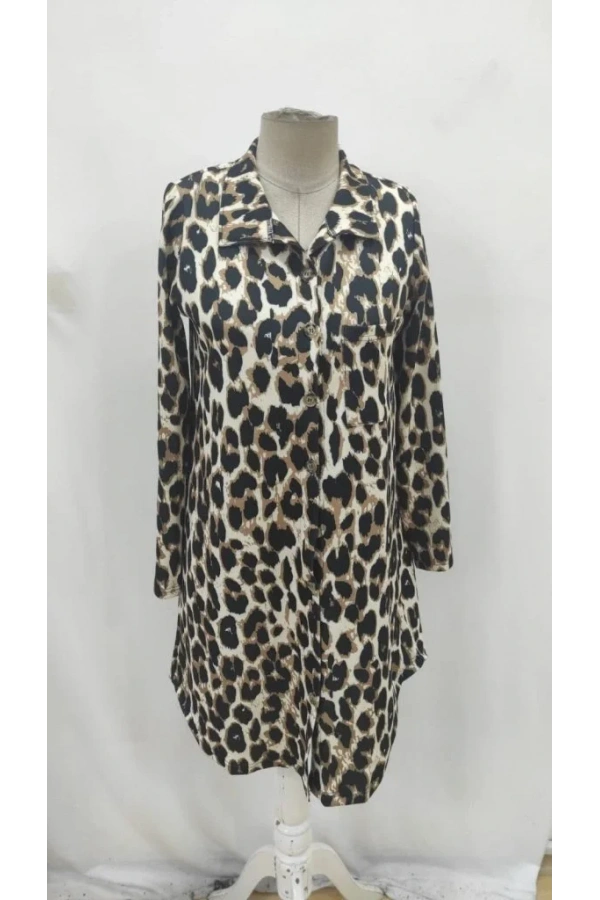 Kadın Uzun Kollu Yakalı önden Düğmeli Leopar Desenli Modal Midi Elbise
