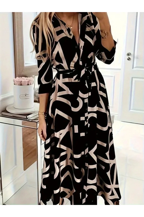 Kadın Uzun Kollu Yakalı önden Düğmeli Uzun Süprem Elbise