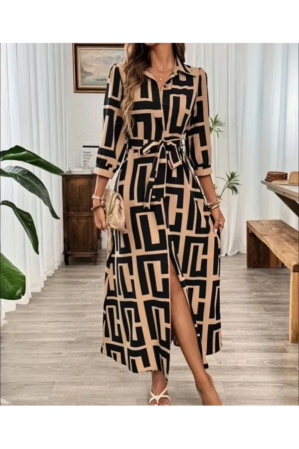 Kadın Uzun Kollu Yakalı önden Düğmeli Uzun Süprem Elbise