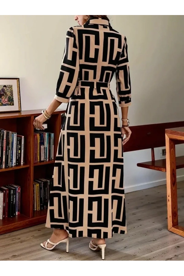 Kadın Uzun Kollu Yakalı önden Düğmeli Uzun Süprem Elbise