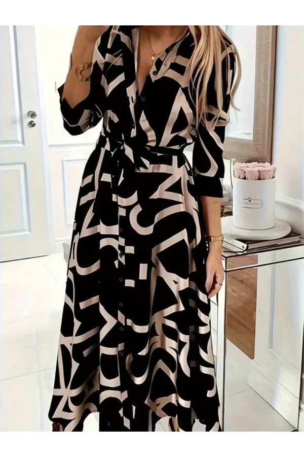 Kadın Uzun Kollu Yakalı önden Düğmeli Uzun Süprem Elbise