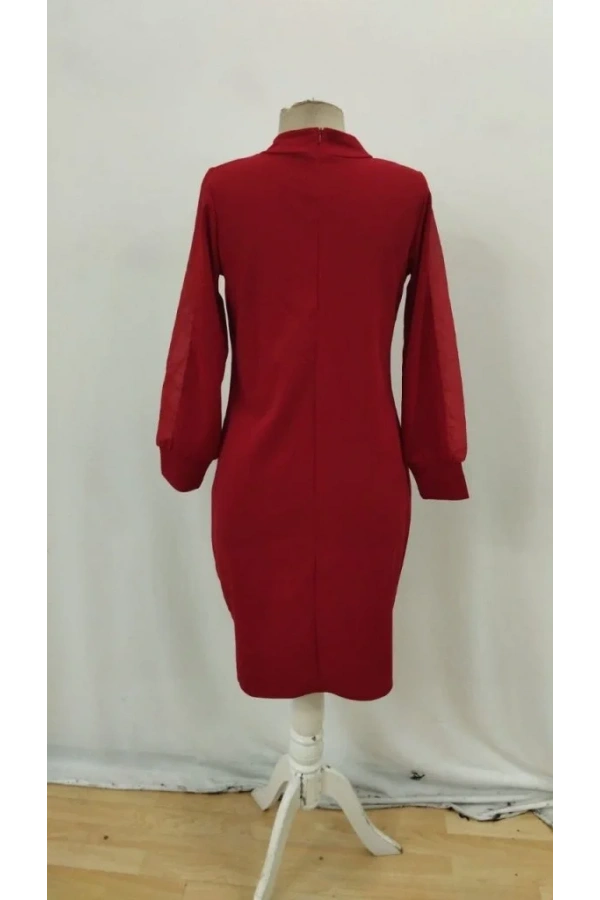 Kadın Uzun Kollu Yarı Balıkçı Yaka Tül Ve Inci Detaylı Kısa Ithal Krep Midi Elbise